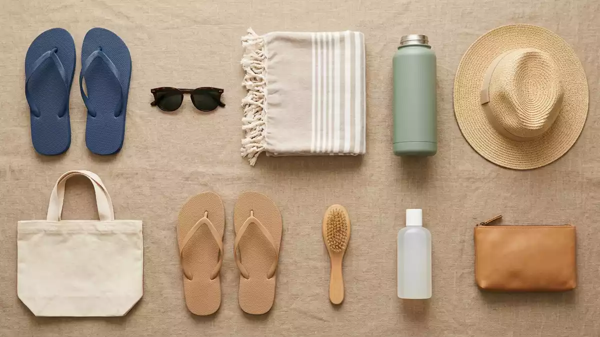 Flatlay-Arrangement rund um Zehensandalen mit passenden Requisiten von oben, neutral