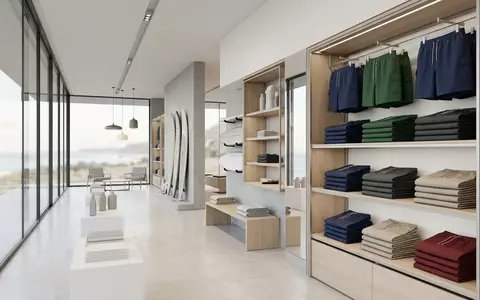 Architektur-Render im Schwimmsportgeschaeft mit Badeshorts zum Thema Orlebar Brown Herren Badeshorts, neutrales Tageslicht - Foto: THN