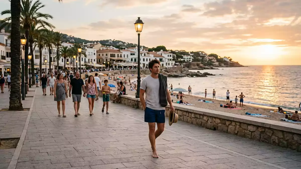 Fotorealistische Ansicht von Badeshorts an der Strandpromenade in warmem Abendlicht