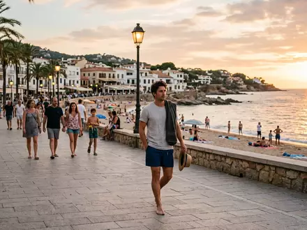 Fotorealistische Aufnahme von Badeshorts an der Strandpromenade zum Thema Orlebar Brown Herren Badeshorts, warmes Abendlicht - Foto: THN