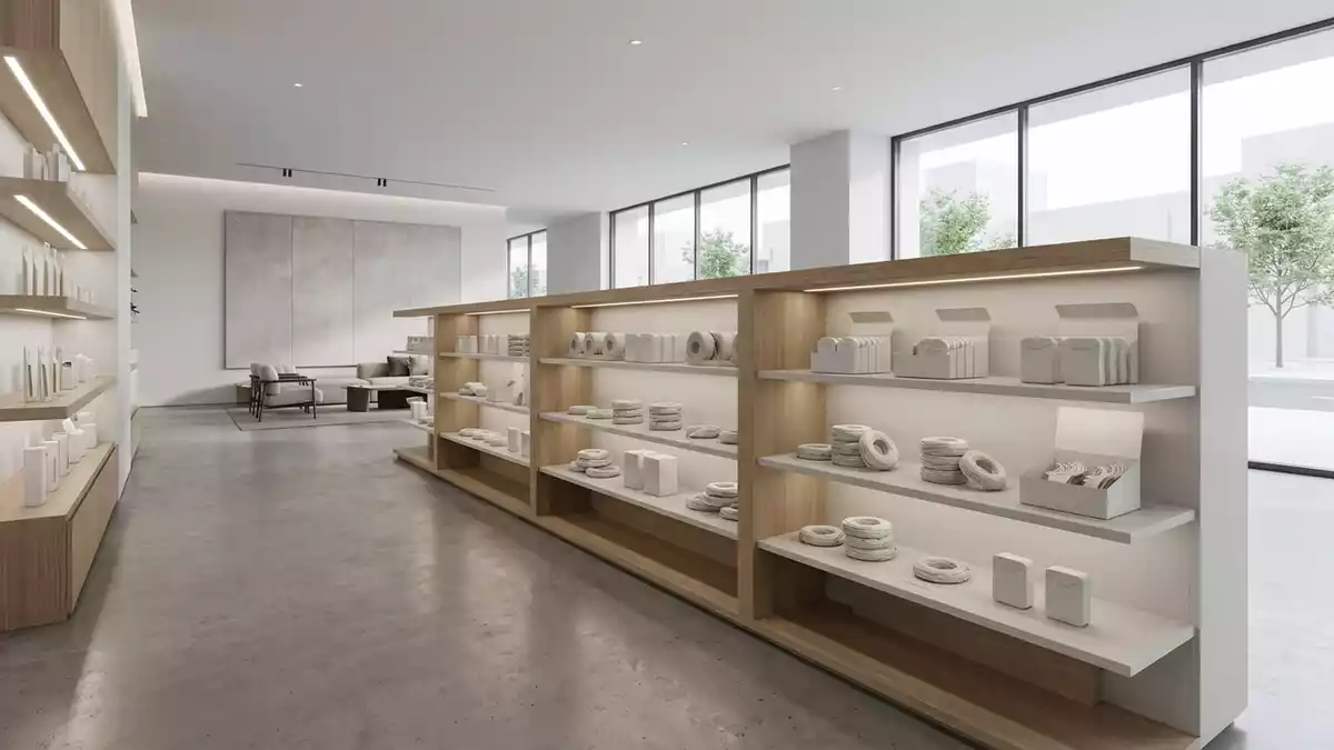 Architektur-Render im Mundpflegegeschaeft mit Zahnseide im Ausstellungsbereich
