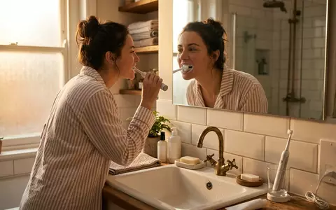 Fotorealistische Aufnahme von Elektrische Zahnbuerste im Badezimmer zum Thema Oral-B Pro 3 3000, warmes Abendlicht - Foto: THN