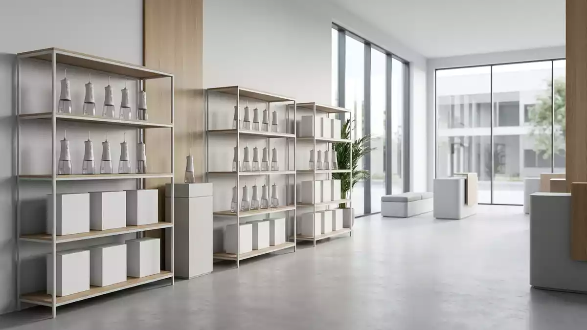 Architektur-Render im Mundpflegegeschaeft mit Munddusche im Ausstellungsbereich