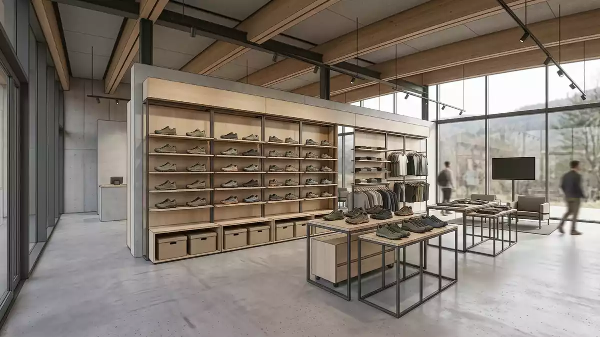 Architektur-Render im Laufsportgeschaeft mit Traillaufschuhe im Ausstellungsbereich