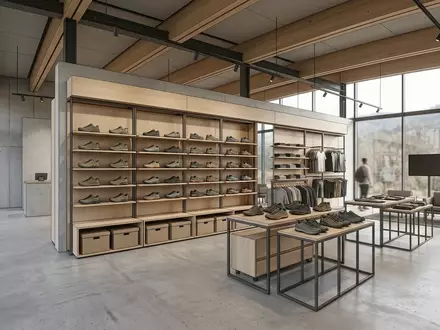 Architektur-Render im Laufsportgeschaeft mit Traillaufschuhe zum Thema Salomon Speedcross 6 Trailschuhe, neutrales Tageslicht - Foto: THN