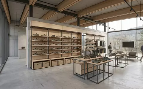Architektur-Render im Laufsportgeschaeft mit Traillaufschuhe zum Thema Salomon Speedcross 6 Trailschuhe, neutrales Tageslicht - Foto: THN