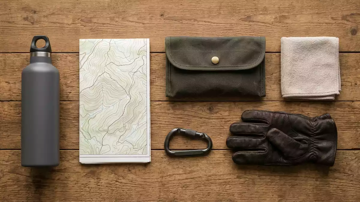 Flatlay-Arrangement rund um Isolierflasche mit passenden Requisiten von oben, neutral
