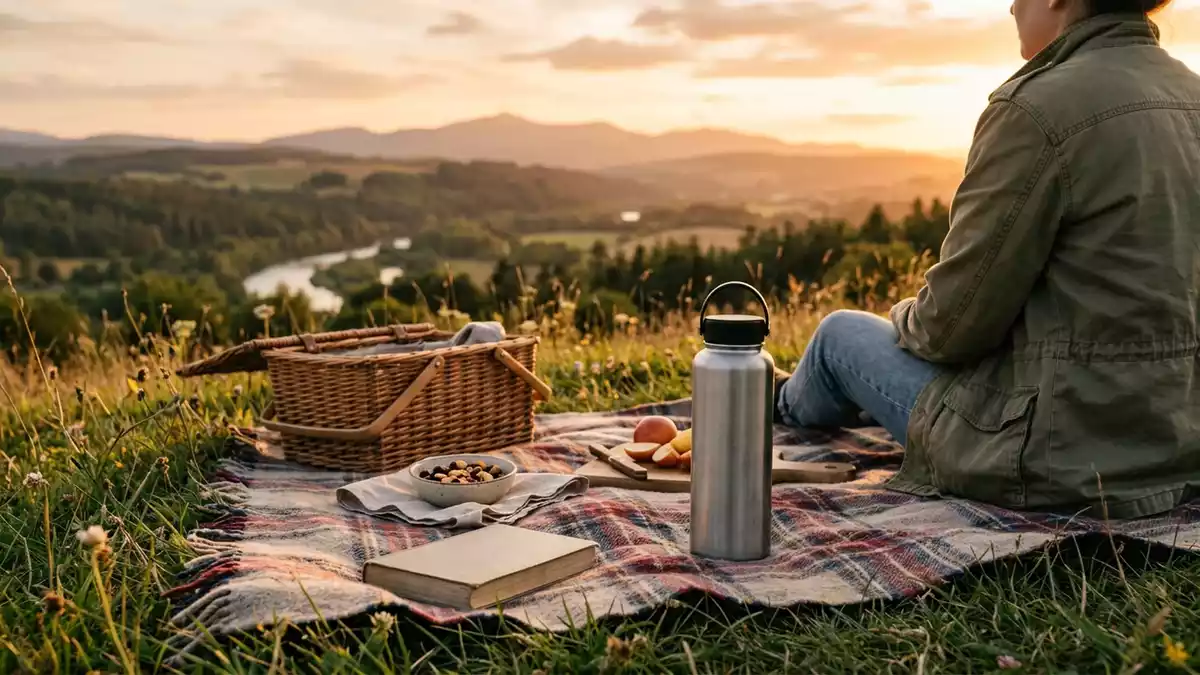 Fotorealistische Ansicht von Isolierflasche beim Picknick in warmem Abendlicht
