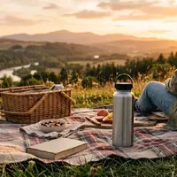Fotorealistische Aufnahme von Isolierflasche beim Picknick zum Thema Salewa Valsura Insulated 600ml, warmes Abendlicht - Foto: THN