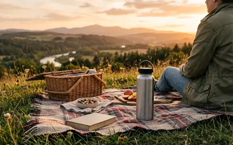 Fotorealistische Aufnahme von Isolierflasche beim Picknick zum Thema Salewa Valsura Insulated 600ml, warmes Abendlicht - Foto: THN