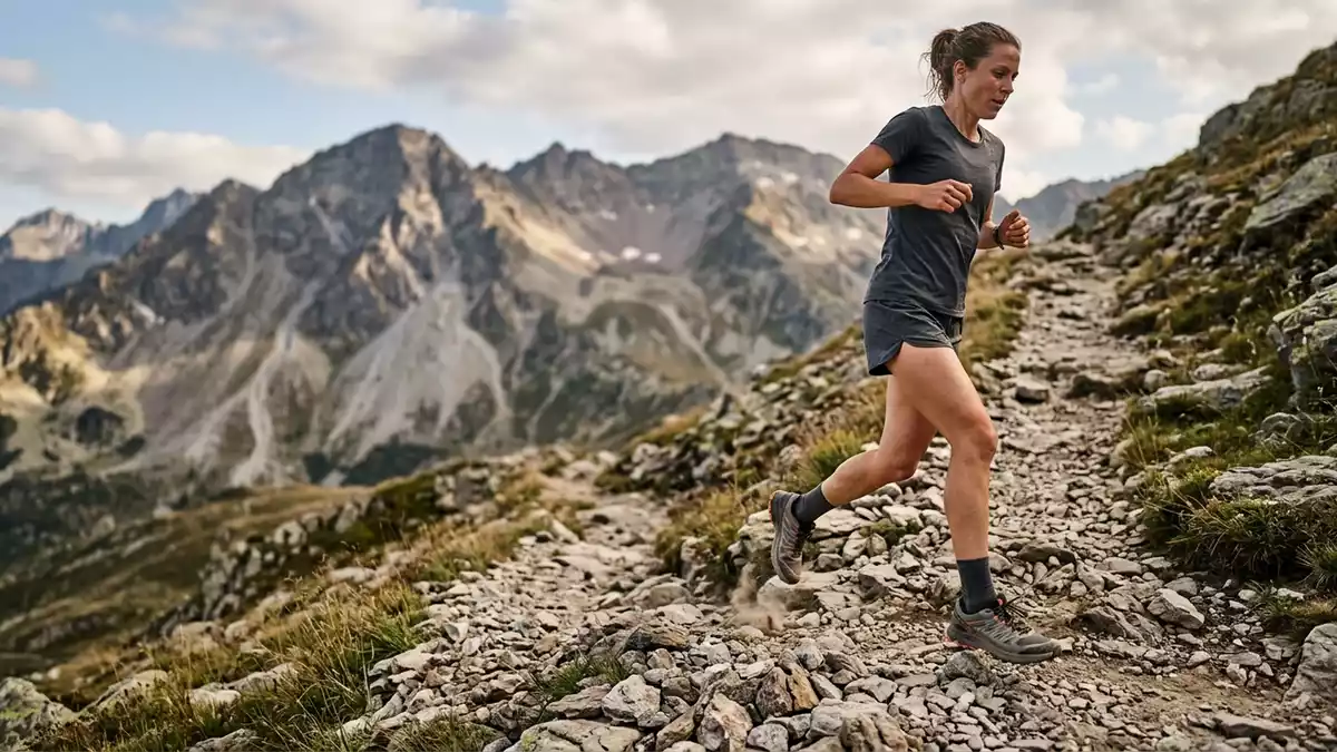 Fotorealistische Ansicht von Traillaufschuhe beim Traillauf in realer Umgebung