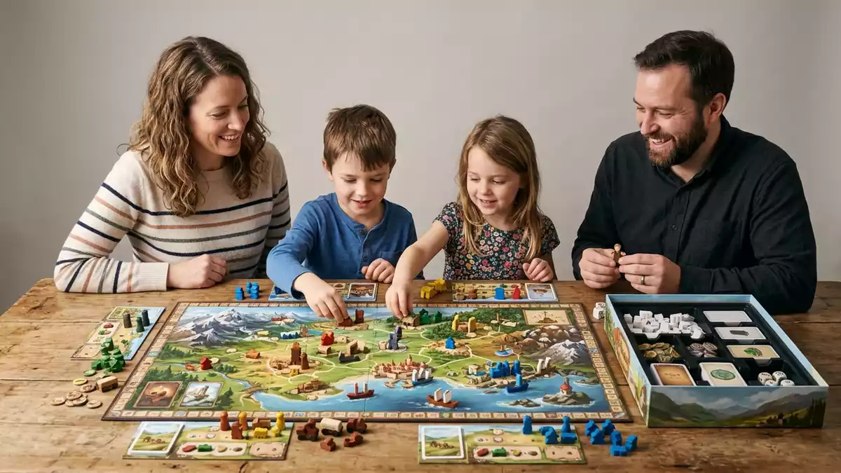 Fotorealistische Studioansicht von Brettspiel in neutraler Produktdarstellung, neutral