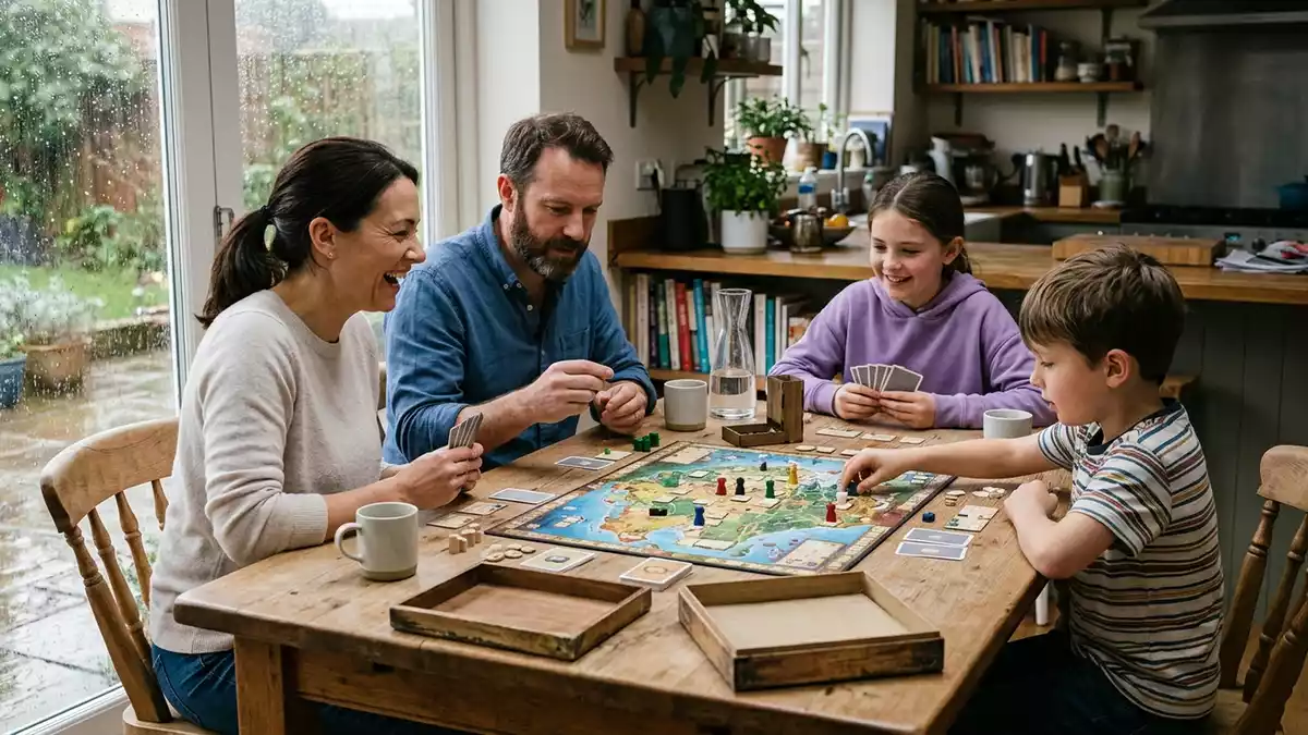 Fotorealistische Ansicht von Brettspiel am Esstisch in realer Umgebung, neutral