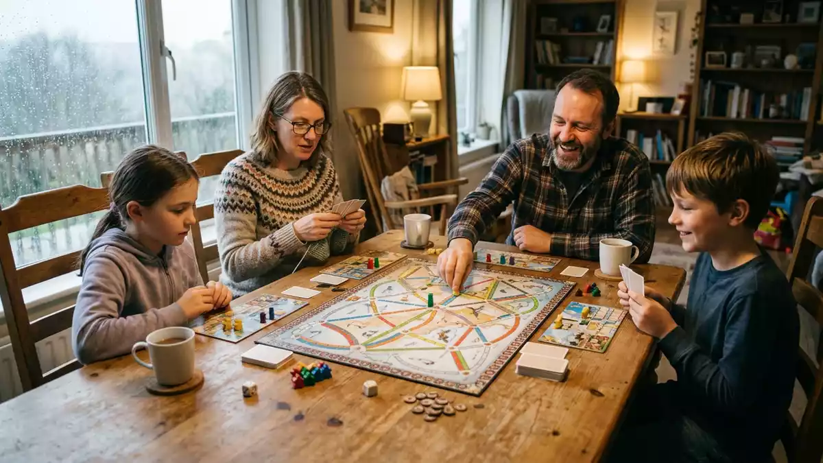 Fotorealistische Ansicht von Brettspiel am Esstisch in realer Umgebung, neutral