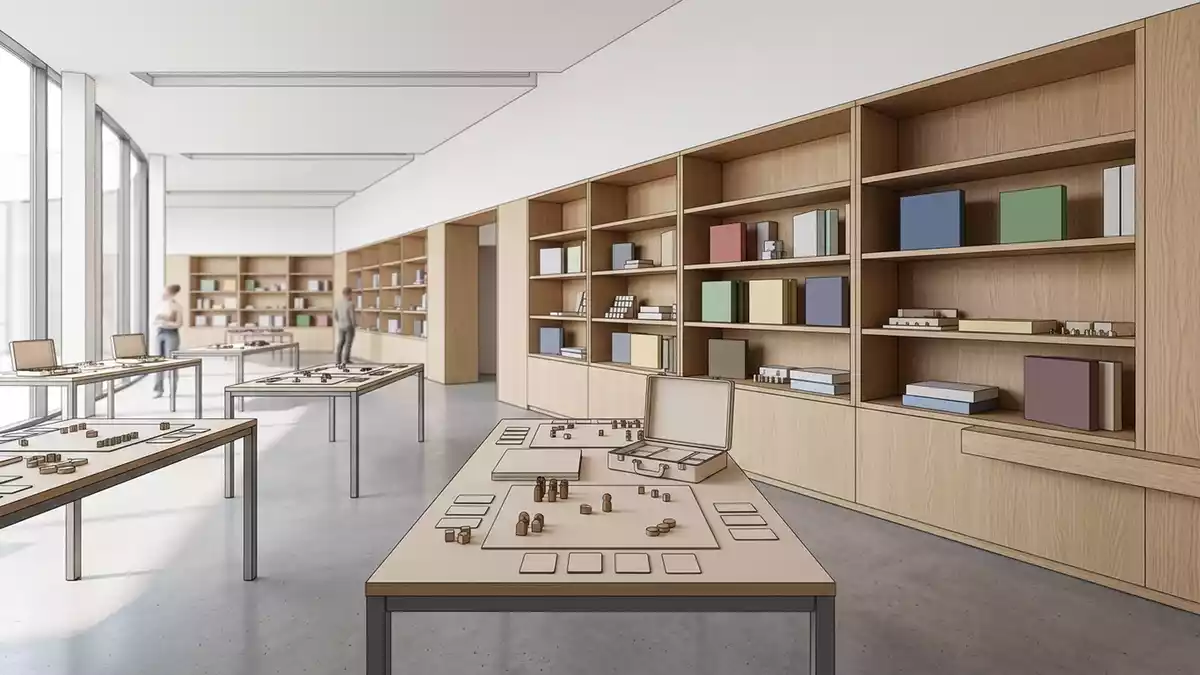 Architektur-Render im Spieleladen mit Brettspiel im Ausstellungsbereich, neutral