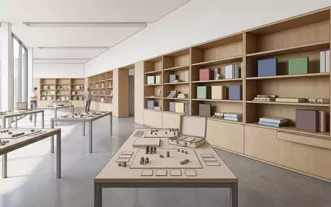 Architektur-Render im Spieleladen mit Brettspiel zum Thema Ticket to Ride, neutrales Tageslicht - Foto: THN