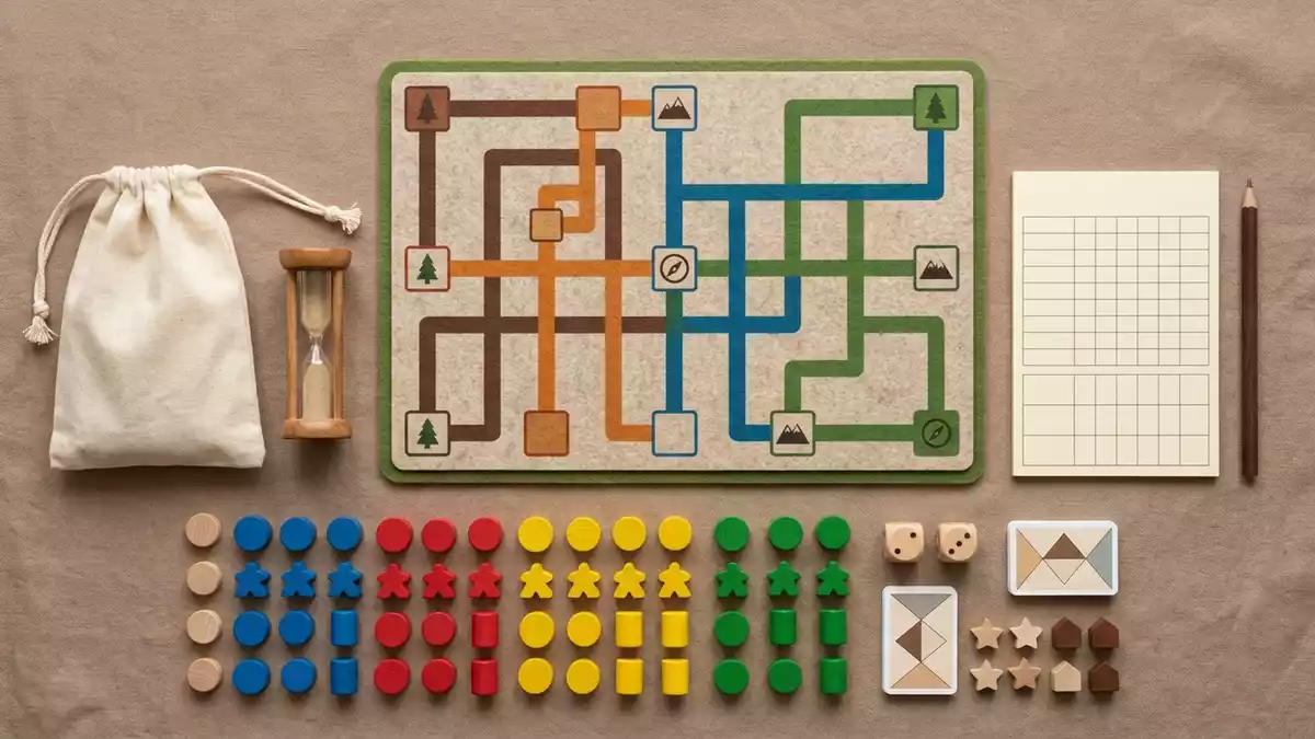 Flatlay-Arrangement rund um Brettspiel mit passenden Requisiten von oben, neutral