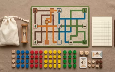 Flatlay-Arrangement rund um Brettspiel zum Thema Ticket to Ride, weiches Oberlicht, sachlich dargestellt - Foto: THN