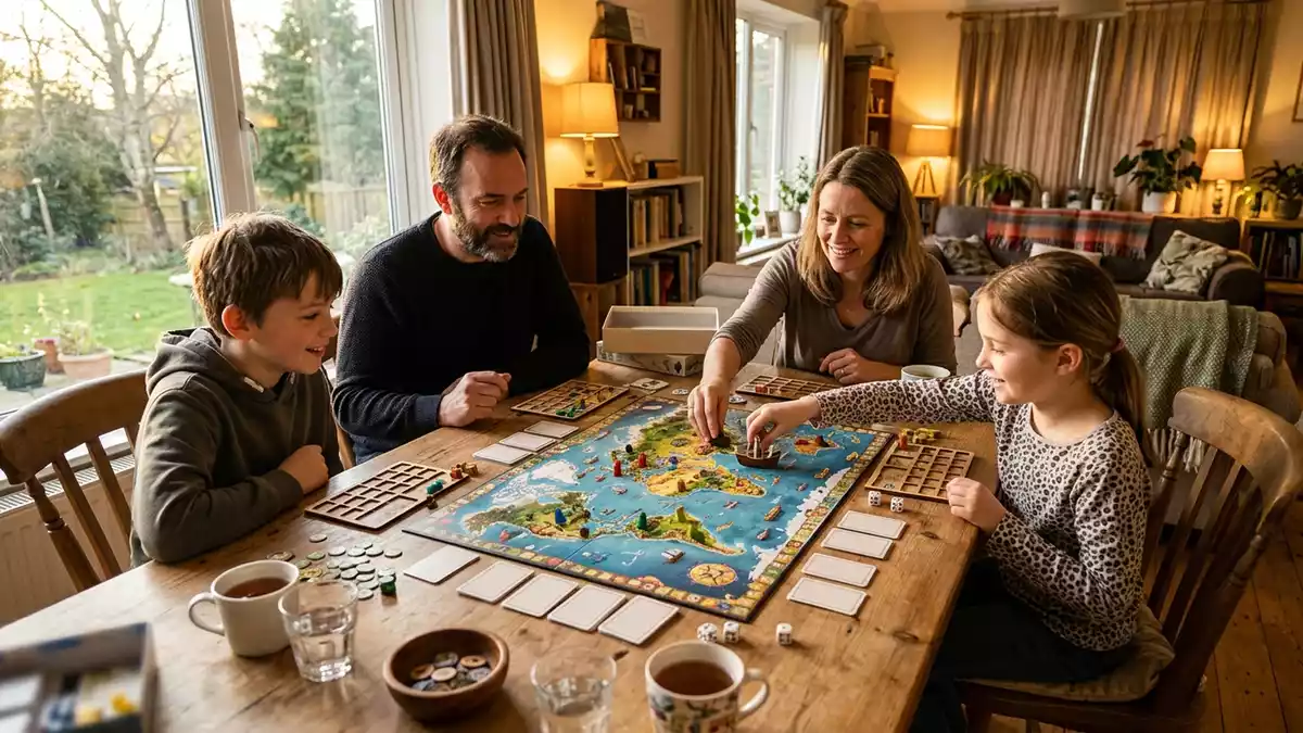 Fotorealistische Ansicht von Kinderspiel im Wohnzimmer in warmem Abendlicht, neutral