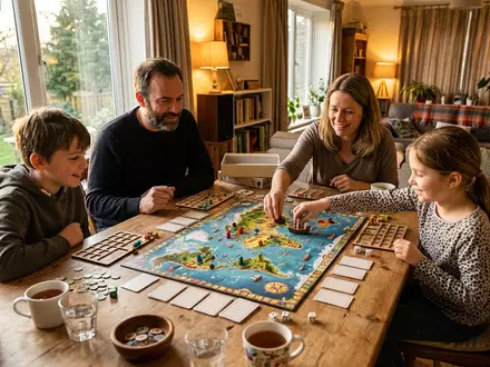 Fotorealistische Aufnahme von Kinderspiel im Wohnzimmer zum Thema Zug um Zug, warmes Abendlicht - Foto: THN