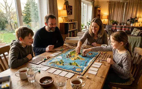 Fotorealistische Aufnahme von Kinderspiel im Wohnzimmer zum Thema Zug um Zug, warmes Abendlicht - Foto: THN