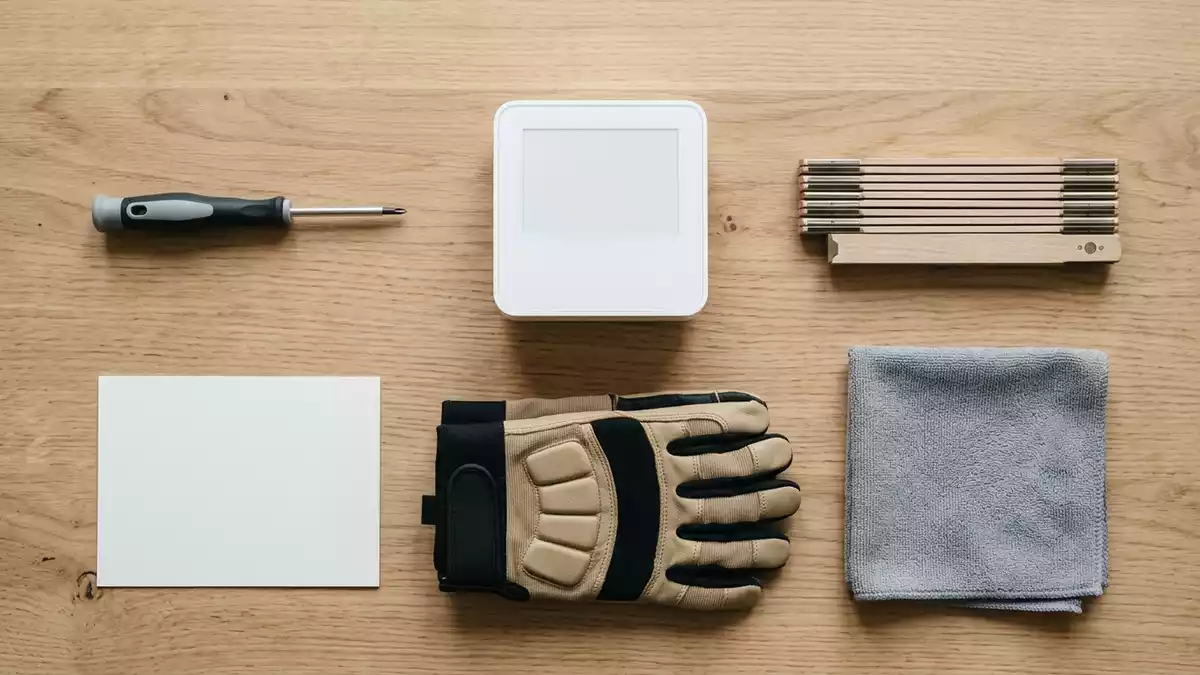 Flatlay-Arrangement rund um Heizkoerperthermostat mit passenden Requisiten von oben