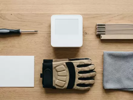 Flatlay-Arrangement rund um Heizkoerperthermostat zum Thema Danfoss Ally Heizkörperthermostat Smart, weiches Oberlicht - Foto: THN