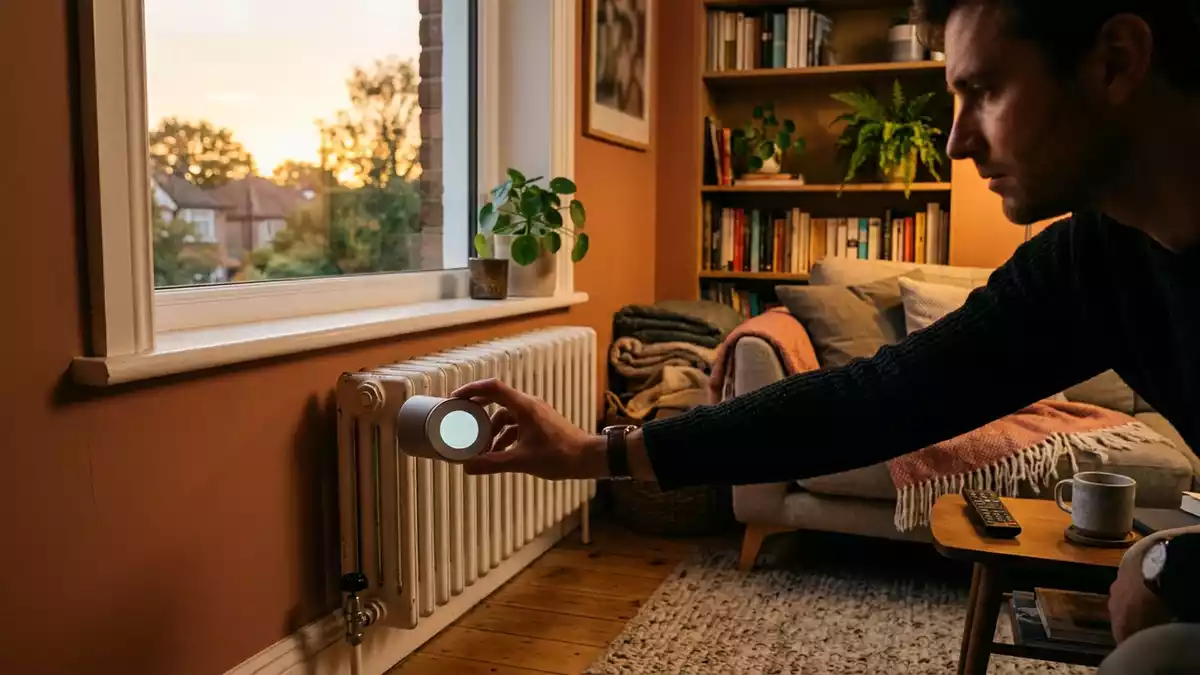 Fotorealistische Ansicht von Heizkoerperthermostat zu Hause in warmem Abendlicht