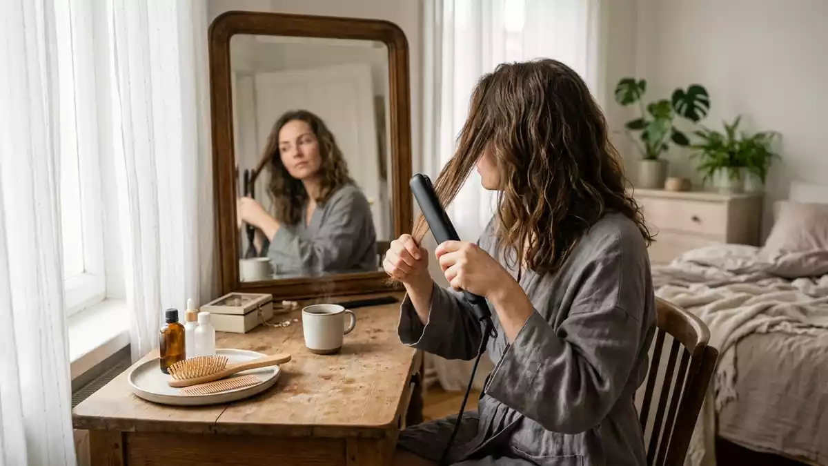 Fotorealistische Ansicht von Haarglaetter am Schminktisch in realer Umgebung, neutral