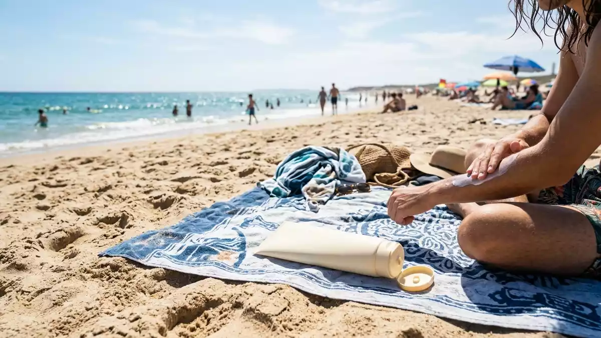Fotorealistische Ansicht von Sonnenschutz am Strand in realer Umgebung, neutral