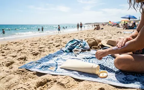 Fotorealistische Aufnahme von Sonnenschutz am Strand zum Thema Banana Boat Sport Sonnenschutz, natuerliches Licht - Foto: THN