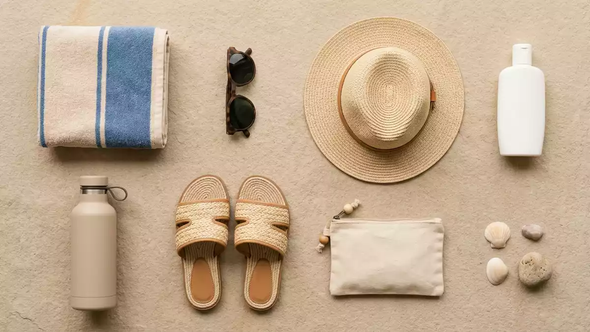 Flatlay-Arrangement rund um Sonnenschutz mit passenden Requisiten von oben, neutral