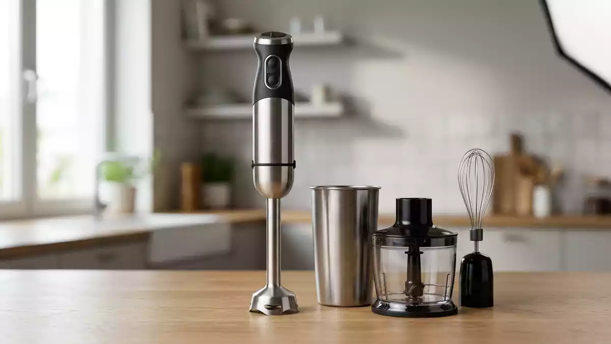 Fotorealistische Studioansicht von Stabmixer in neutraler Produktdarstellung, neutral