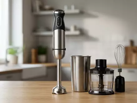 Fotorealistische Studioaufnahme von Stabmixer zum Thema Bamix Superbox M200 Stabmixer, klare Lichtfuehrung - Foto: THN