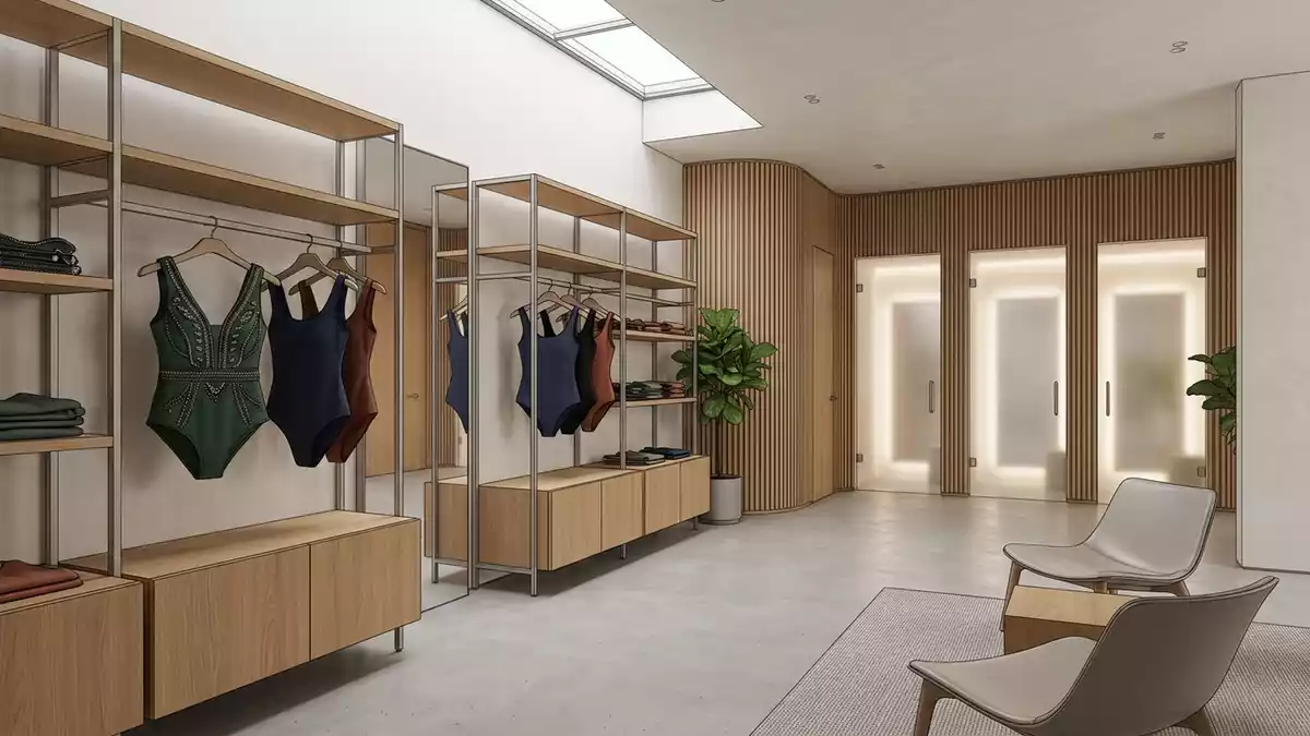 Architektur-Render im Bademode Boutique mit Badeanzug im Ausstellungsbereich, neutral