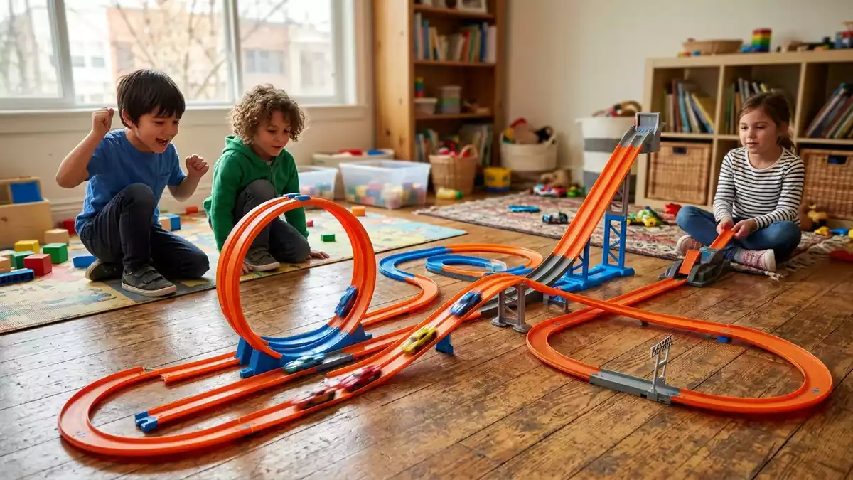Fotorealistische Ansicht von Spielzeugstrecke im Spielzimmer in realer Umgebung