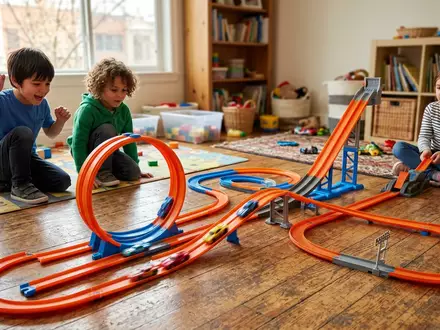 Fotorealistische Aufnahme von Spielzeugstrecke im Spielzimmer zum Thema Hot Wheels Mario Kart, natuerliches Licht - Foto: THN