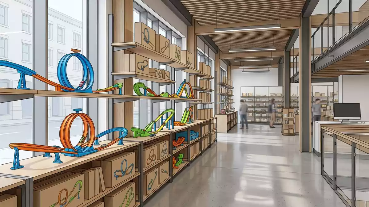 Architektur-Render im Spielwarengeschaeft mit Spielzeugstrecke im Ausstellungsbereich
