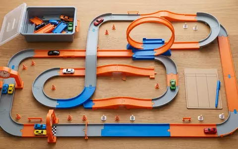 Flatlay-Arrangement rund um Spielzeugstrecke zum Thema Hot Wheels Mario Kart, weiches Oberlicht - Foto: THN