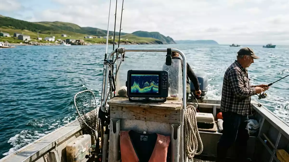 Fotorealistische Ansicht von Fischfinder auf dem Boot in realer Umgebung, neutral