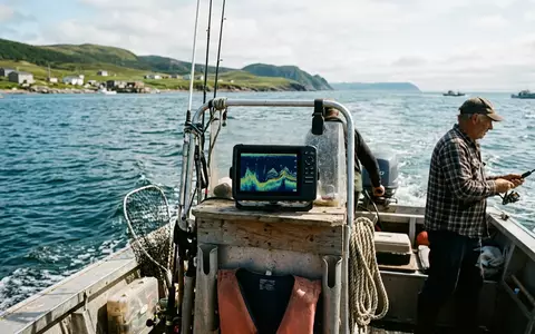 Fotorealistische Aufnahme von Fischfinder auf dem Boot zum Thema Garmin Striker Plus 4, natuerliches Licht - Foto: THN