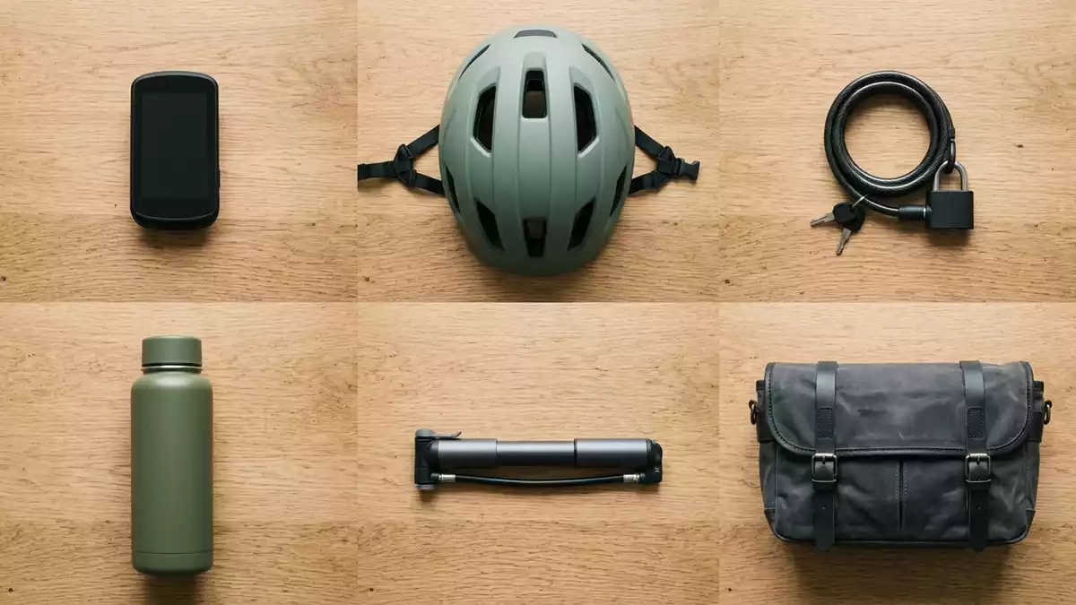 Flatlay-Arrangement rund um Fahrradnavigation mit passenden Requisiten von oben