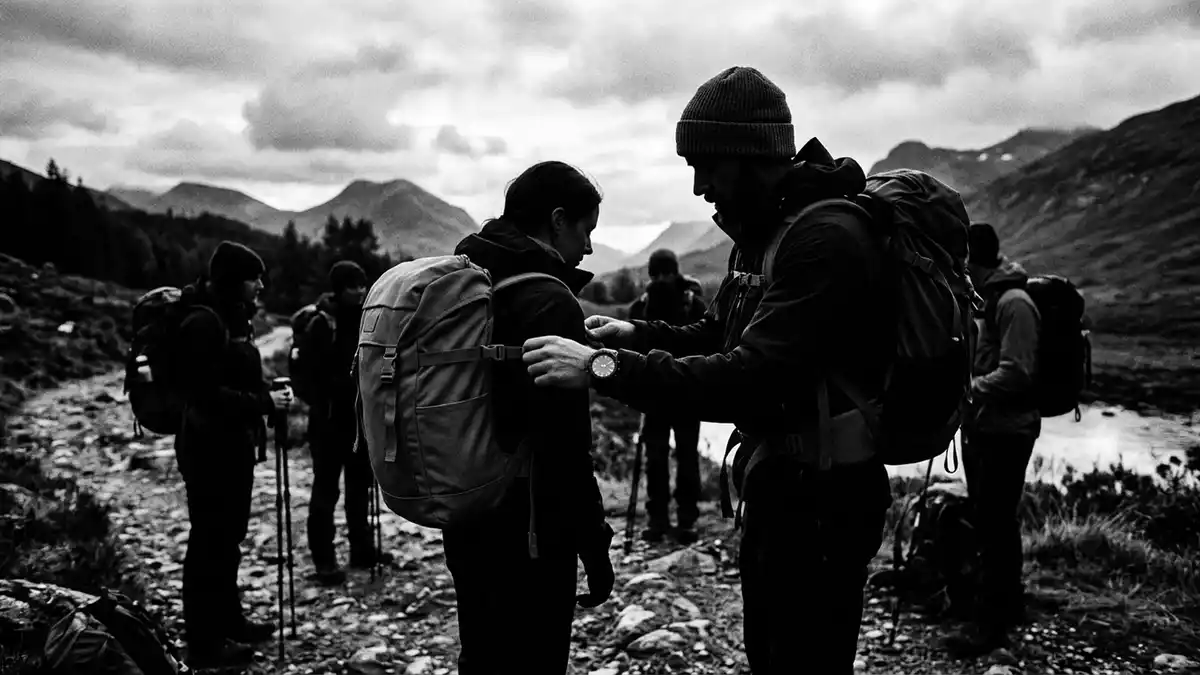 Schwarzweiss-Reportagebild mit Multisportuhr in dokumentarischer Arbeitsumgebung
