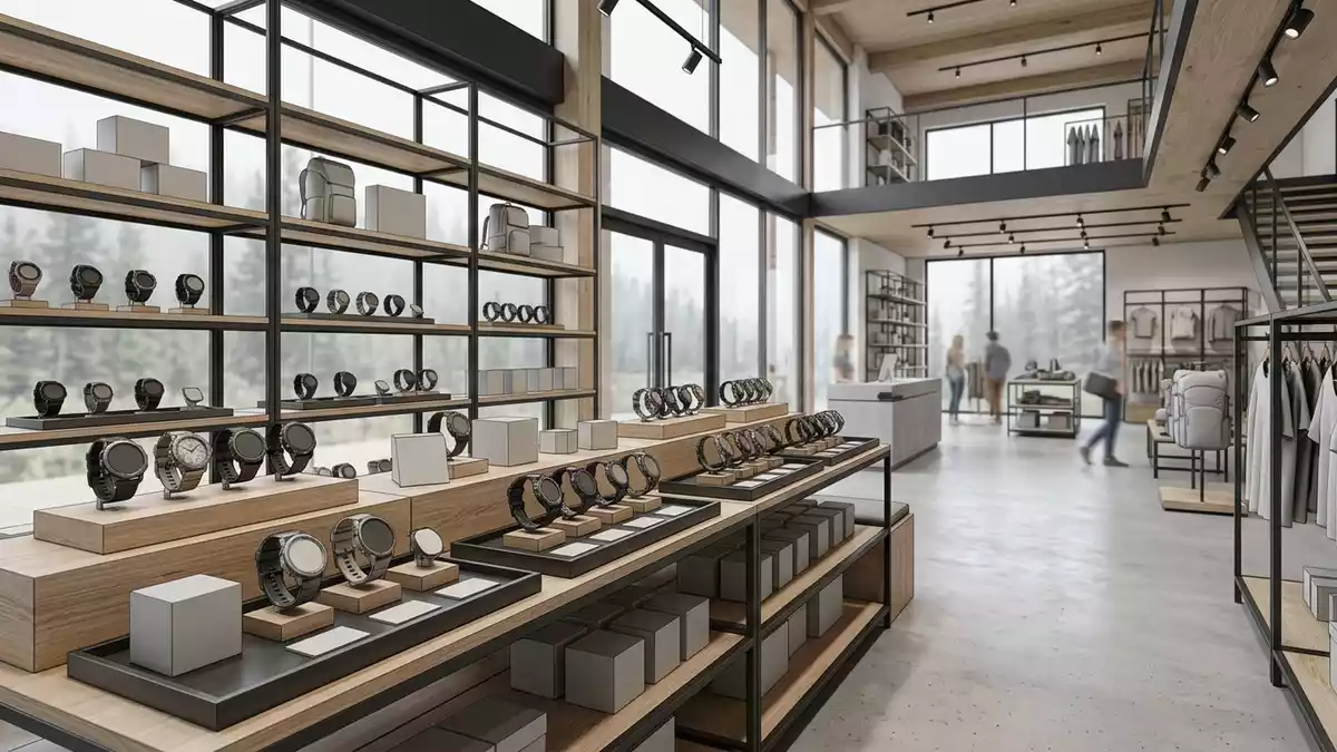 Architektur-Render im Outdoorgeschaeft mit Multisportuhr im Ausstellungsbereich