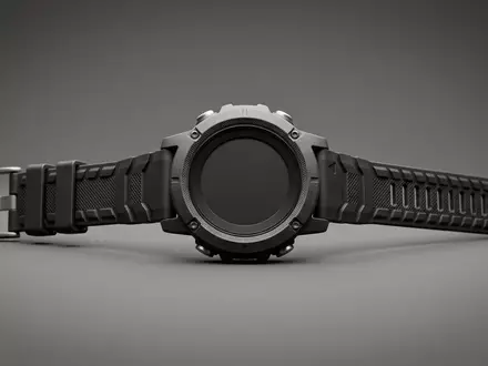 Fotorealistische Studioaufnahme von Outdooruhr zum Thema Garmin Instinct 3 Solar, klare Lichtfuehrung - Foto: THN