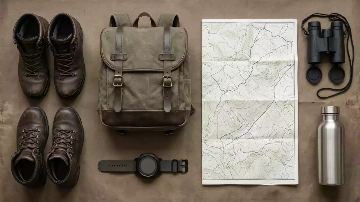 Flatlay-Arrangement rund um Outdooruhr mit passenden Requisiten von oben, neutral