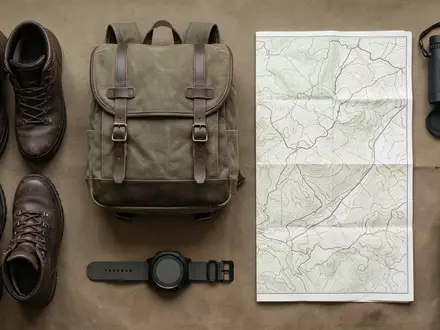 Flatlay-Arrangement rund um Outdooruhr zum Thema Garmin Instinct 3 Solar, weiches Oberlicht - Foto: THN