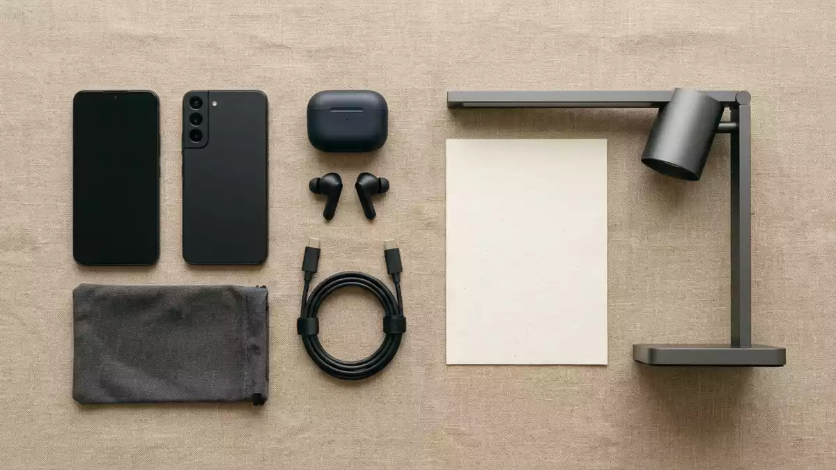 Flatlay-Arrangement rund um Smartphone mit passenden Requisiten von oben, neutral