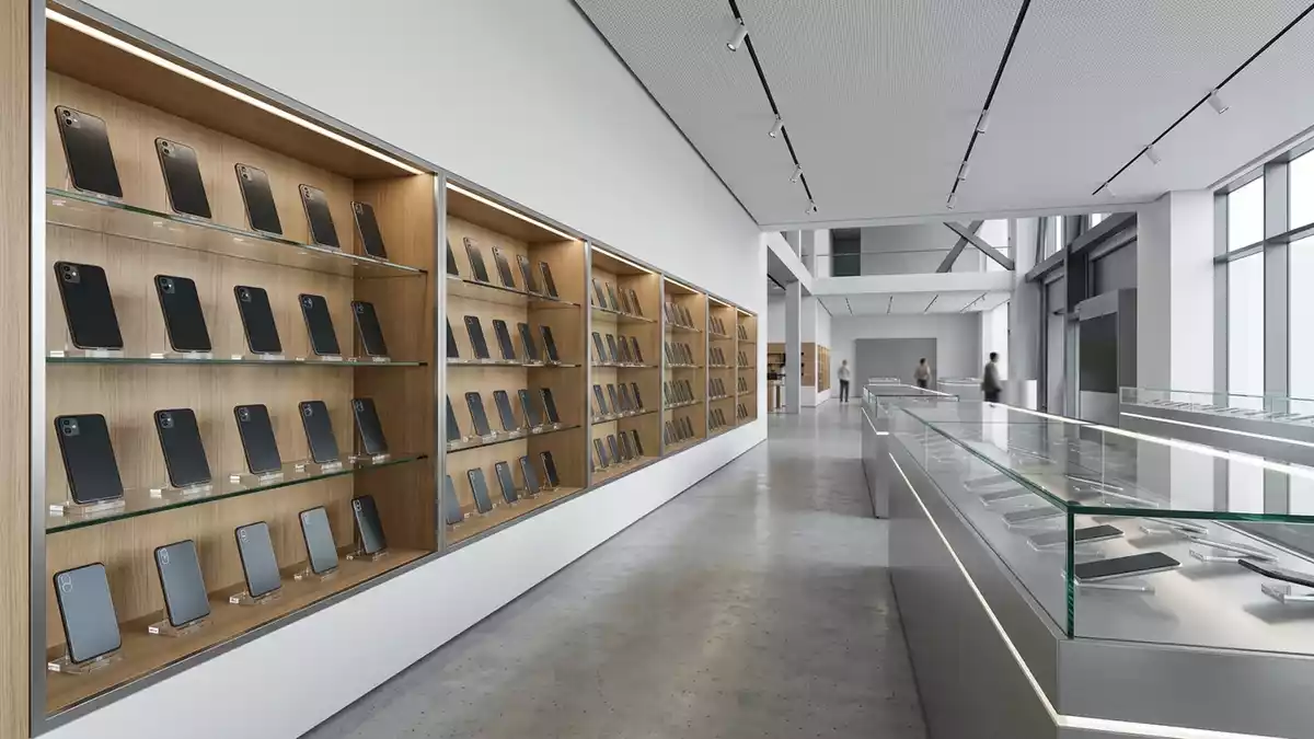 Architektur-Render im Elektronikgeschaeft mit Smartphone im Ausstellungsbereich