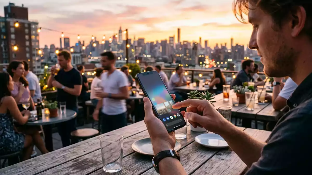 Fotorealistische Ansicht von Smartphone auf der Dachterrasse in warmem Abendlicht